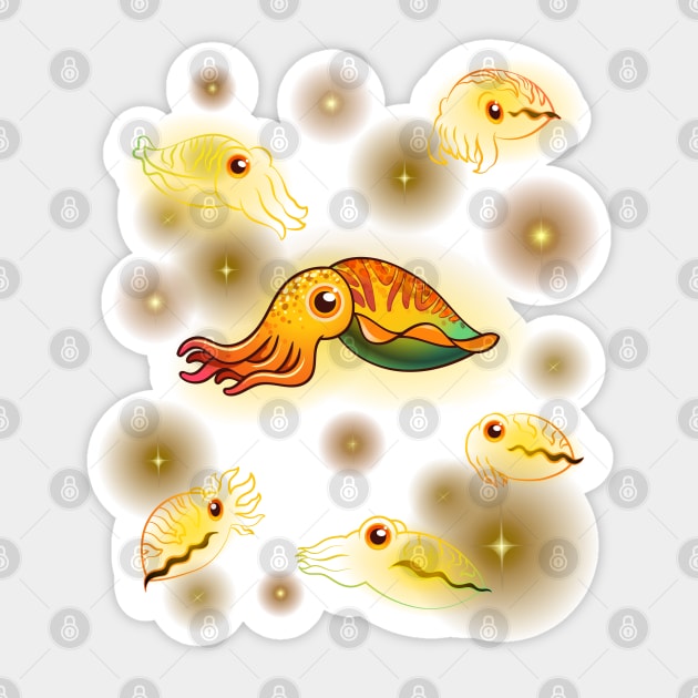 Glowing golden cuttlefish under deepsea Sticker by tomodaging